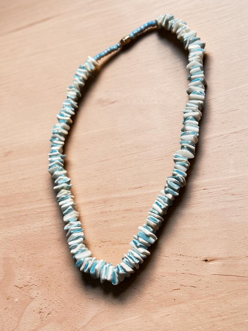 Boho White & Blue Chip Bead Necklace, Puka Shell Style Beach Jewelry